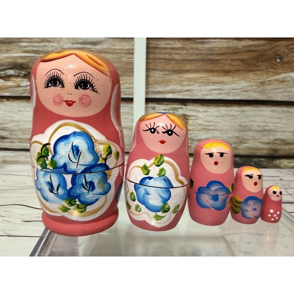 Vintage Set of 5 Small Wooden Pink & Blue Painted Russian Style Nesting Dolls